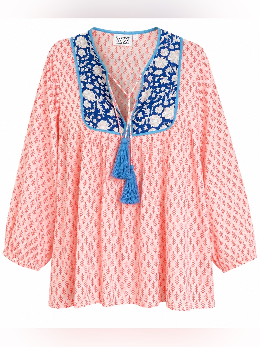 SZ 100% Cotton Boho Peasant Blouse Coral Blue Tassel Tie Top Large